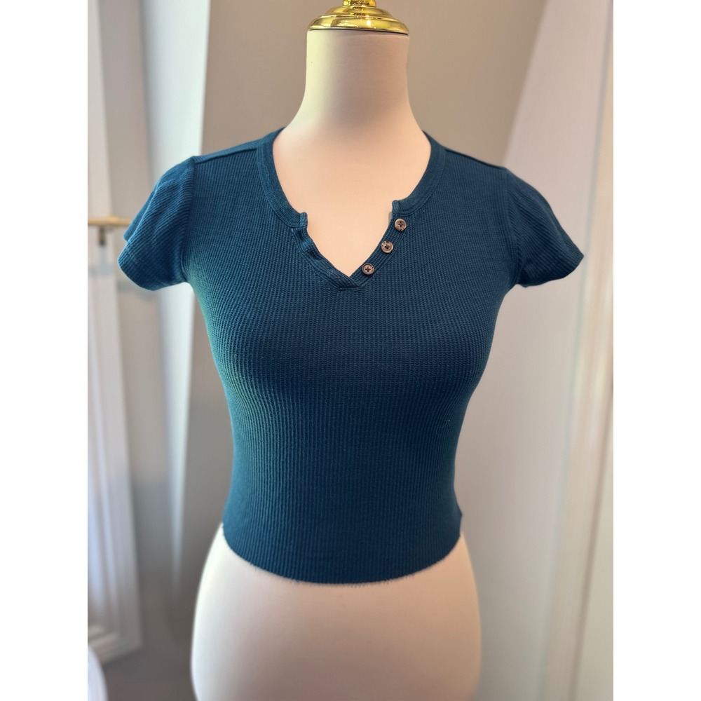 BDG Urban Outfitters Teal Waffle Knit Henley Crop Top | Size XS